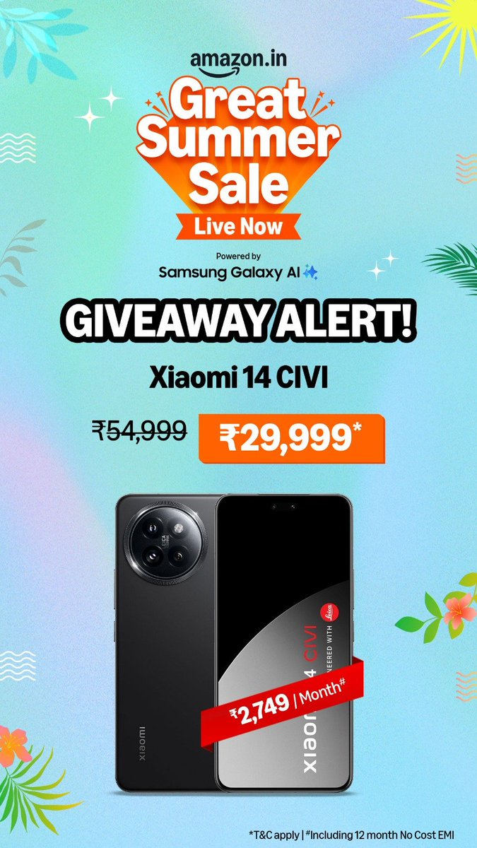3X GIVEAWAY ALERT! 

The Xiaomi 14 CIVI is available at an awesome price of just ₹29999 during the Amazon Great Summer Sale.
And, I'm giving three of these to you today 😍   

Want to WIN? Just:
1. Like this post ❤️
2. Quote repost using #AmazonGreatSummerSale