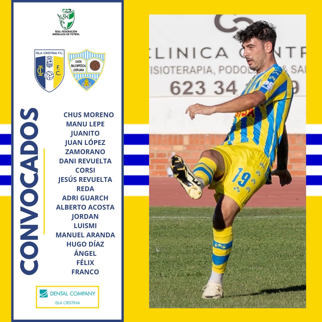 💛 MAÑANA VA A SER EL DÍA.

🫡 𝗖𝗢𝗡𝗩𝗢𝗖𝗔𝗧𝗢𝗥𝗜𝗔 | Lista de Antonio Santana.

🆚 UB Lebrijana
⏰ 12:00h | 04/05
🏟️ Estadio Municipal de Isla Cristina 
‼️ ENTRADA LIBRE

#SiempreIsla💛💙
#TodosJuntos