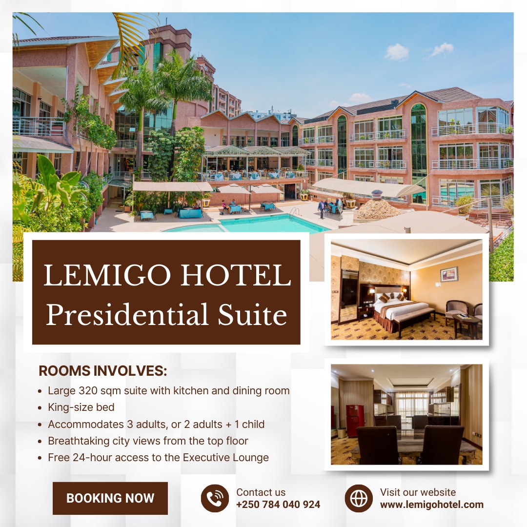 Benefit from your own kitchen, dining room, living room and balcony in our 320 sqm Presidential Suite on the top floor, which offers breathtaking city views of Kigali and Executive Lounge access.

Reserve now.
📷 Call (+250) 784-040-924
lemigohotel.com