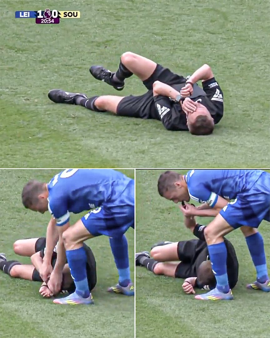 RemarksFootball's tweet photo. NO WAY 😂  

Jamie Vardy blowing the referee David Webb's whistle after he went down following a clash with Jordan Ayew 😅 https://t.co/KtVJzLS1Jv