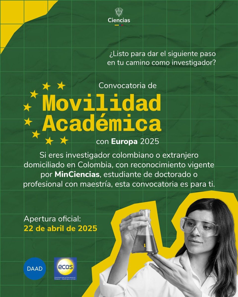 Investigación - Universidad Nacional de Colombia (@vriunal) on Twitter photo Convocatoria 965 (Movilidad Académica con Europa 2025 / <a href="/ECOS_NORD/">ECOS NORD</a> Francia, <a href="/DAADColombia/">DAAD Colombia</a> Alemania) <a href="/MincienciasCo/">MinCiencias Colombia</a>: tiny.cc/minciencias965b
<a href="/DIEB_UNAL/">Investigación y Extensión Bogotá - UNAL</a> @DIEUNMED <a href="/SedeManUNAL/">Manizales UNAL</a> <a href="/PalmiraUNAL/">PalmiraUNAL</a> @DeLaPazUNAL <a href="/AmazoniaUNAL/">Sede Amazonia UNAL</a> <a href="/CaribeUNAL/">Sede Caribe UNAL</a> @OrinoquiaUNAL <a href="/TumacoUNAL/">Sede Tumaco UNAL</a> #UNAL Convocatoria 965 (Movilidad Académica con Europa 2025 / <a href="/ECOS_NORD/">ECOS NORD</a> Francia, <a href="/DAADColombia/">DAAD Colombia</a> Alemania) <a href="/MincienciasCo/">MinCiencias Colombia</a>: tiny.cc/minciencias965b
<a href="/DIEB_UNAL/">Investigación y Extensión Bogotá - UNAL</a> @DIEUNMED <a href="/SedeManUNAL/">Manizales UNAL</a> <a href="/PalmiraUNAL/">PalmiraUNAL</a> @DeLaPazUNAL <a href="/AmazoniaUNAL/">Sede Amazonia UNAL</a> <a href="/CaribeUNAL/">Sede Caribe UNAL</a> @OrinoquiaUNAL <a href="/TumacoUNAL/">Sede Tumaco UNAL</a> #UNAL