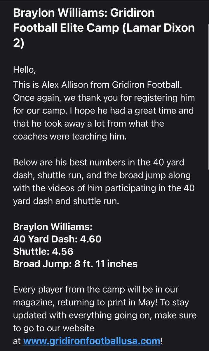 Braylon Williams (@bwduffy2) on Twitter photo Here are some numbers from my 40, shuttle, and broad jump. I earned a gridiron all American bowl invite. Glory to God.
<a href="/GridironFootbal/">Gridiron Football®</a>
<a href="/JaceLejeune/">Jace LeJeune</a>
<a href="/TopPreps/">College Coach / College Scout / College Recruiter</a>
<a href="/PrepRedzoneLA/">Prep Redzone Louisiana</a>
<a href="/youareathlete/">You Are Athlete</a>
<a href="/HodohNat1on/">Jonathon Hodoh</a> Here are some numbers from my 40, shuttle, and broad jump. I earned a gridiron all American bowl invite. Glory to God.
<a href="/GridironFootbal/">Gridiron Football®</a>
<a href="/JaceLejeune/">Jace LeJeune</a>
<a href="/TopPreps/">College Coach / College Scout / College Recruiter</a>
<a href="/PrepRedzoneLA/">Prep Redzone Louisiana</a>
<a href="/youareathlete/">You Are Athlete</a>
<a href="/HodohNat1on/">Jonathon Hodoh</a>