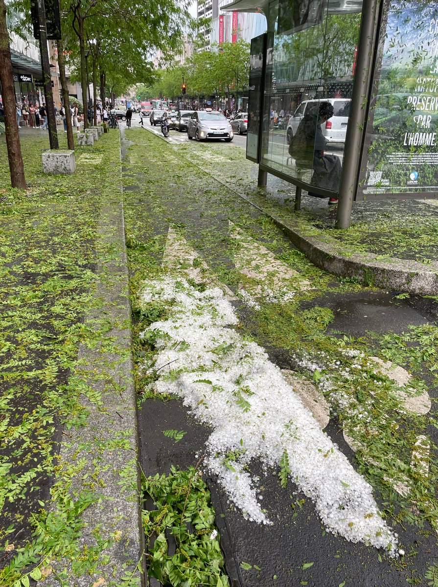 Les dégâts de l'#orage de #grêle qui a traversé une partie de l'agglomération parisienne entre 15h30 et 16h45 ont été parfois importants. L'axe le plus touché s'étend de #Houdan au nord de #Paris. 
Ici à #Beaugrenelle (Paris 15e) pour meteo-paris.com
