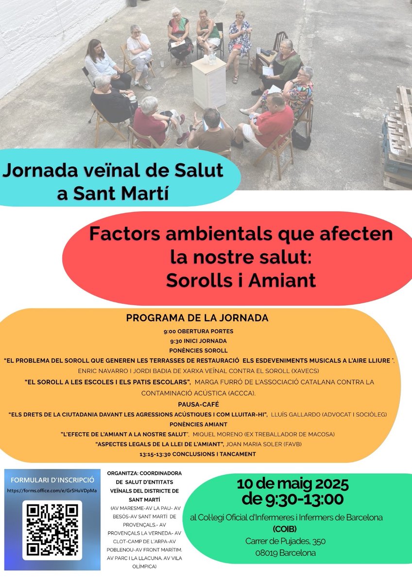 🌿 *Factors ambientals que afecten la nostra salut: #Soroll i #Amiant* 🌿
Organitzen entitats veïnals del Dte St Martí

📍 Col·legi Oficial d'Infermeres i Infermers de Barcelona (COIB) c. Pujades 350 Barcelona

🗓 10 Maig
🕒de 9:30h a 13:30h*

🔗Inscripcióforms.office.com/e/GrSHuVDpMa