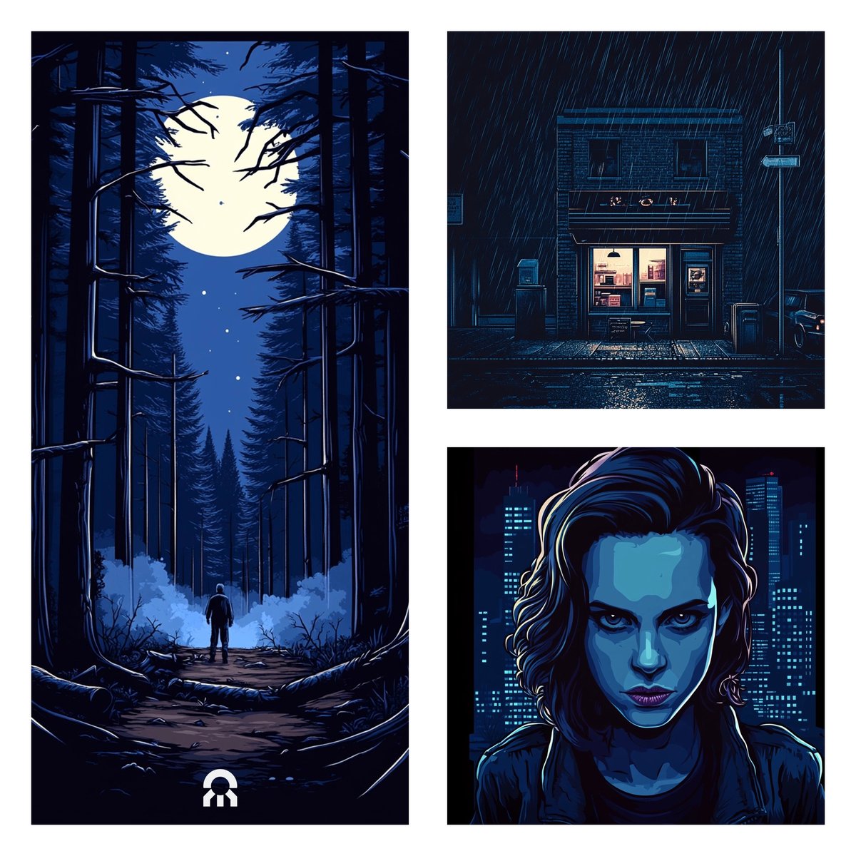 A dense forest scene under moonlight, mist between the trees, stars visible in the background, cool blue color palette, stylized shadows and dramatic contrasts

--sref 3300910353