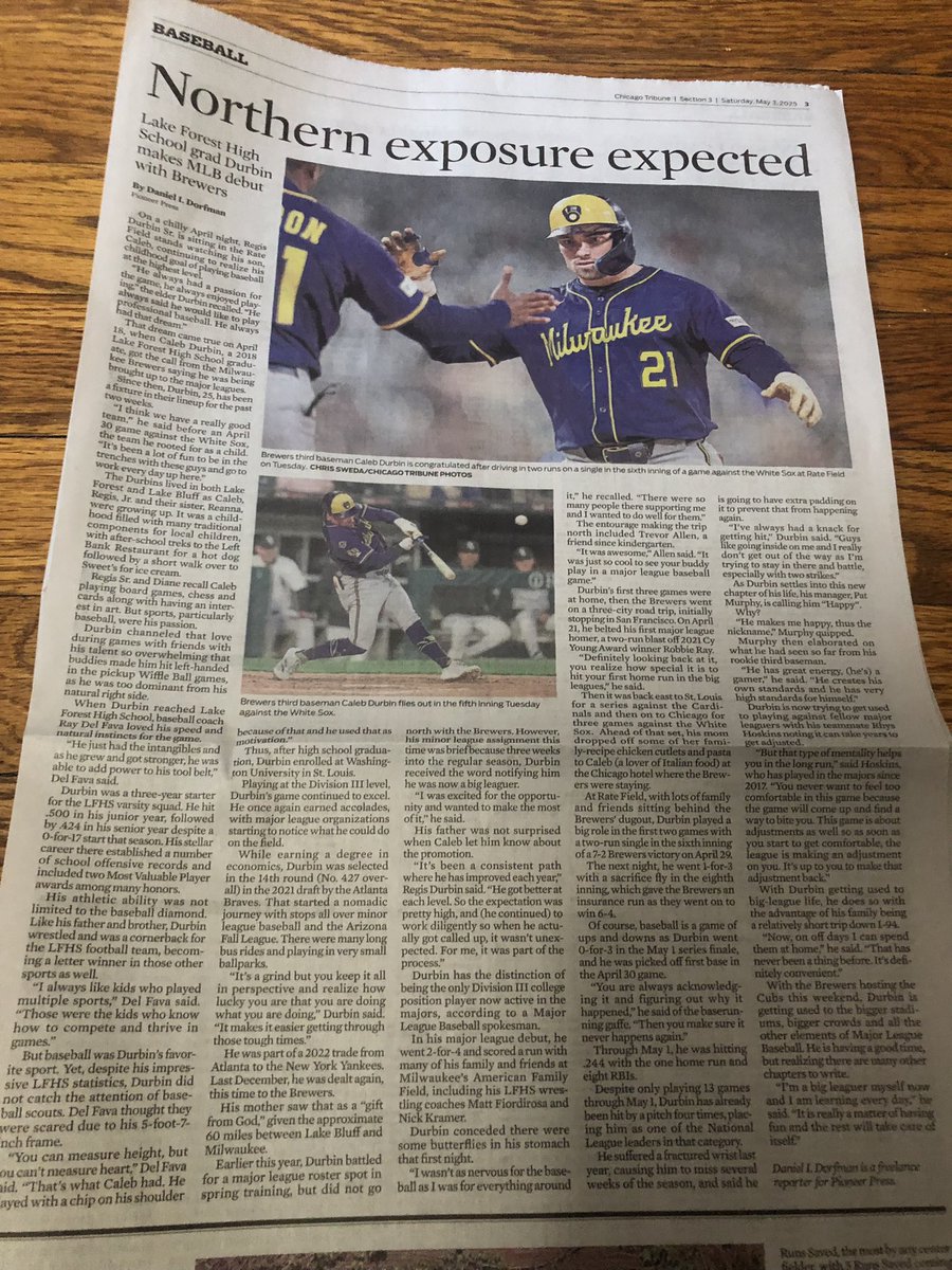 I made a trip back to my sportswriting days with a profile of LFHS grad Caleb Durbin who now plays for the Milwaukee Brewers.  Glad to see the story on page 3 of today’s <a href="/ChicagoSports/">Chicago Tribune Sports</a> section