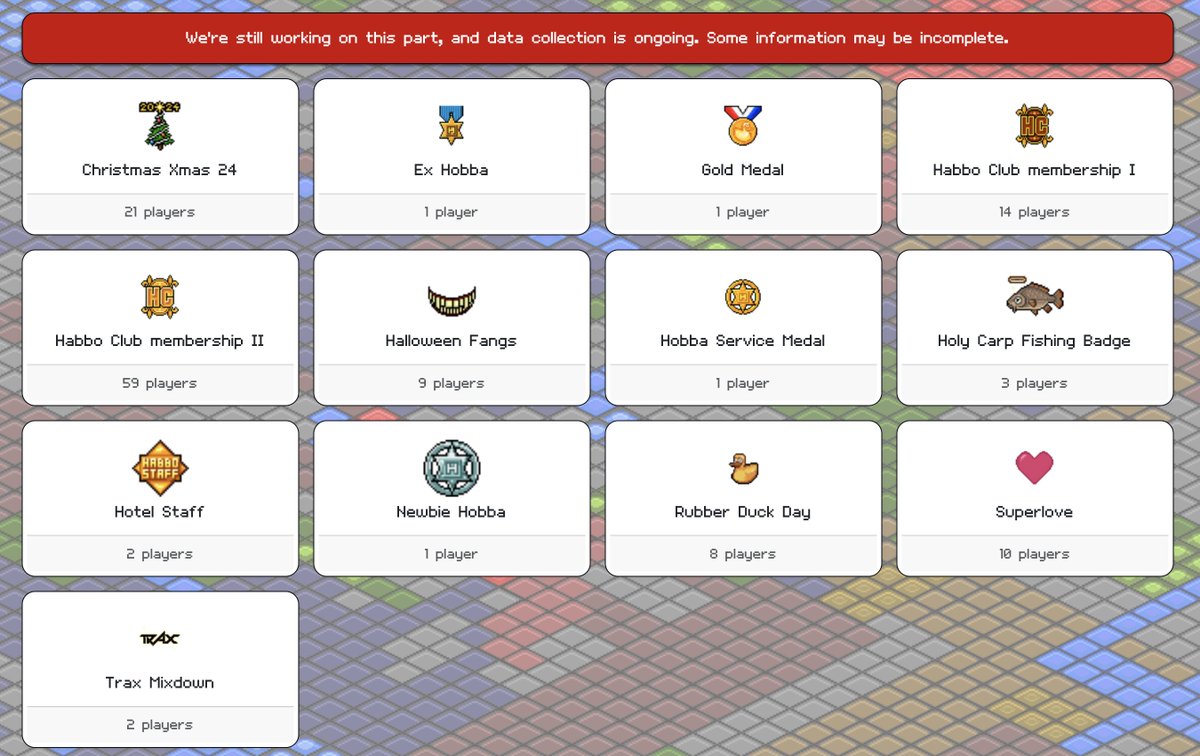 Added to <a href="/HabboBattleball/">Battleball</a> website today: Habbo info and Badges. Still being worked on, will also be rolled out to .ES and .BR variants in the coming days. battleballrebound.com/badges <a href="/HabboOrigins/">Habbo Hotel: Origins</a>