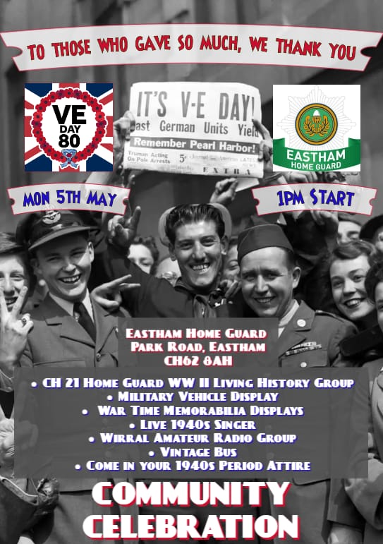 Public parking is available at Anselmians RUFC car park, located on Eastham Village Road. From there, and St. David's Church (Mill Park), we will be providing people with regular, free transport to and from the Club, on the Vintage Bus!
#VEDay80 #LestWeForget