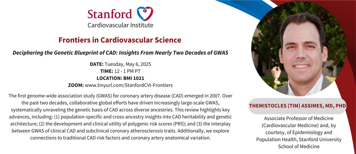 Joseph C Wu, MD, PhD (@joseph_c_wu) on Twitter photo Please join <a href="/StanfordCVI/">Stanford CVI</a> seminar on Tue 5/6 at 12pm
PST by Tim Assimes <a href="/StanfordDeptMed/">Stanford Department of Medicine</a> <a href="/VAPaloAlto/">VA Palo Alto HCS</a> speak on #GWAS #Genetics #CoronaryArteryDisease.
stanford.zoom.us/webinar/registā¦
<a href="/Stanford_ChEMH/">Sarafan ChEM-H</a> <a href="/SeanM_Wu/">Sean M Wu, MD PhD</a> <a href="/BCVSearlyCareer/">Basic Cardiovascular Sciences (BCVS) Early Career</a>
<a href="/ATVBEarlyCareer/">ATVB Early Career Committee</a> <a href="/vascularbiology/">NAVBO</a> <a href="/StanfordEpiNews/">Stanford Epidemiology & Population Health</a> <a href="/tassimes/">Tim L. Assimes, MD PhD</a> Please join <a href="/StanfordCVI/">Stanford CVI</a> seminar on Tue 5/6 at 12pm
PST by Tim Assimes <a href="/StanfordDeptMed/">Stanford Department of Medicine</a> <a href="/VAPaloAlto/">VA Palo Alto HCS</a> speak on #GWAS #Genetics #CoronaryArteryDisease.
stanford.zoom.us/webinar/registā¦
<a href="/Stanford_ChEMH/">Sarafan ChEM-H</a> <a href="/SeanM_Wu/">Sean M Wu, MD PhD</a> <a href="/BCVSearlyCareer/">Basic Cardiovascular Sciences (BCVS) Early Career</a>
<a href="/ATVBEarlyCareer/">ATVB Early Career Committee</a> <a href="/vascularbiology/">NAVBO</a> <a href="/StanfordEpiNews/">Stanford Epidemiology & Population Health</a> <a href="/tassimes/">Tim L. Assimes, MD PhD</a>