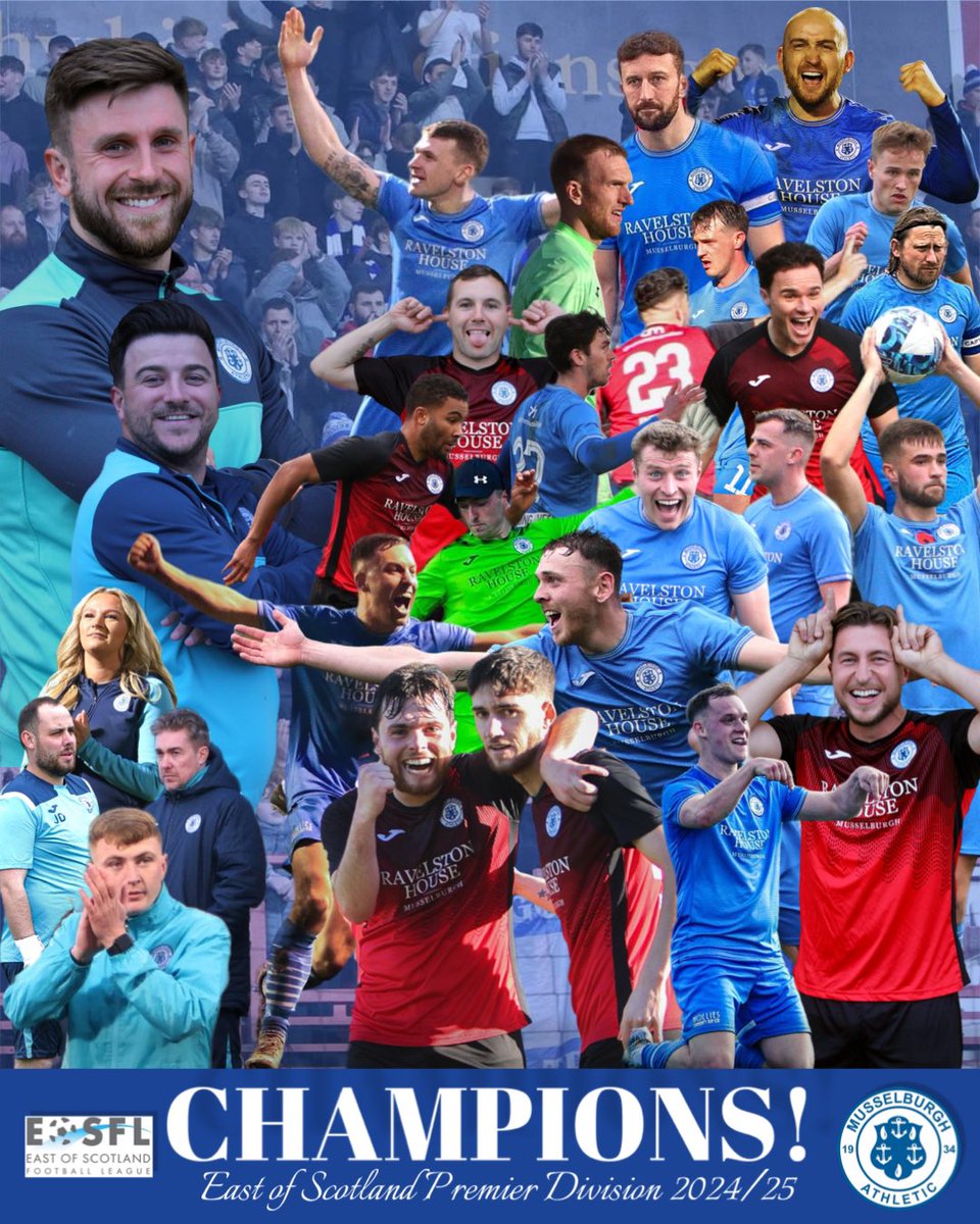MusselburghAth's tweet photo. EAST OF SCOTLAND PREMIER DIVISION CHAMPIONS

MUSSELBURGH ATHLETIC FC!!! 

💙🤍🏆💙🤍🏆💙🤍🏆💙🤍 https://t.co/5kQdjqVwPf