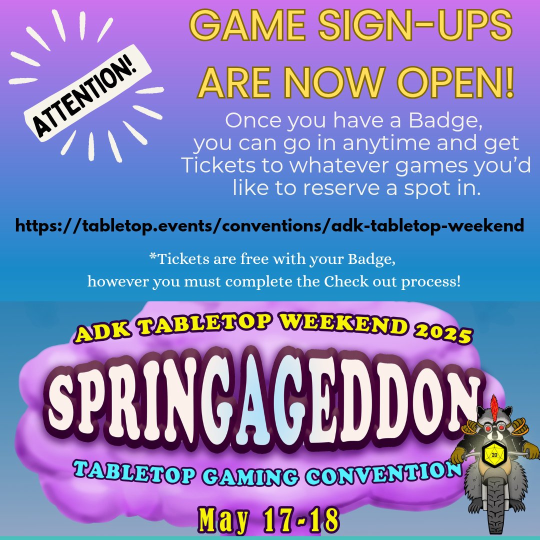 Board Games, Role-playing Games and more! Badge and Game Sign-ups are open! We are still adding to the schedule, but grab spots now, you can always adjust your schedule later! 
#adktabletopweekend #adirondacon #adkgamers #hudsonfalls #washingtoncountyny #adirondacktabletopgamers