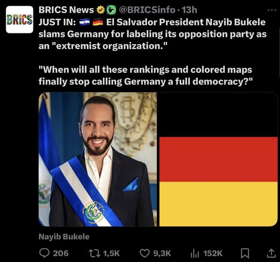 888 Der Präsident von El Salvador, Nayib Bukele, hat Deutschland scharf attackiert, nachdem die Bundesrepublik die Oppositionspartei AfD offiziell als „gesichert rechtsextremistisch“ eingestuft hat.

Bukele stellte offen die Frage, wann „all diese Rankings und farbigen Karten“