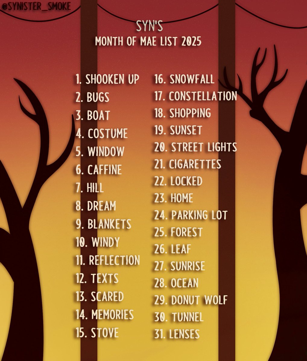 Here's my Month of Mae 2025 List!
Have fun! anyone is welcome to Participate

#nightinthewoods #monthofmae #monthofmae2025