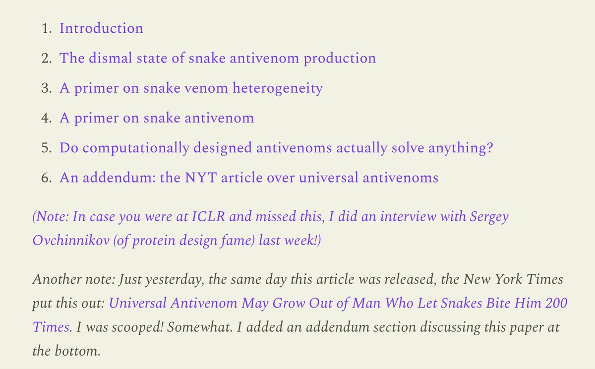 the new york times came out with a great essay on universal antivenoms yesterday, discussing a recent Cell paper

so i decided to tack on another 1,200 words to my existing antivenom essay (also released yesterday), examining the paper, its implications, and the obvious question: