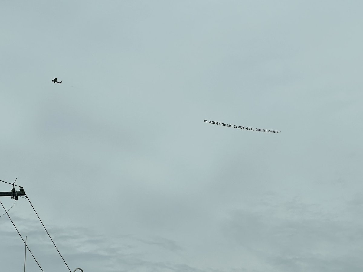 Plane flying over the Big House during University of Michigan graduation ceremony in Ann Arbor reads: “No universities left in Gaza. Nessel drop the charges.” 

Message is aimed at #Michigan AG Dana Nessel in her effort to charge student protestors for vandalism.