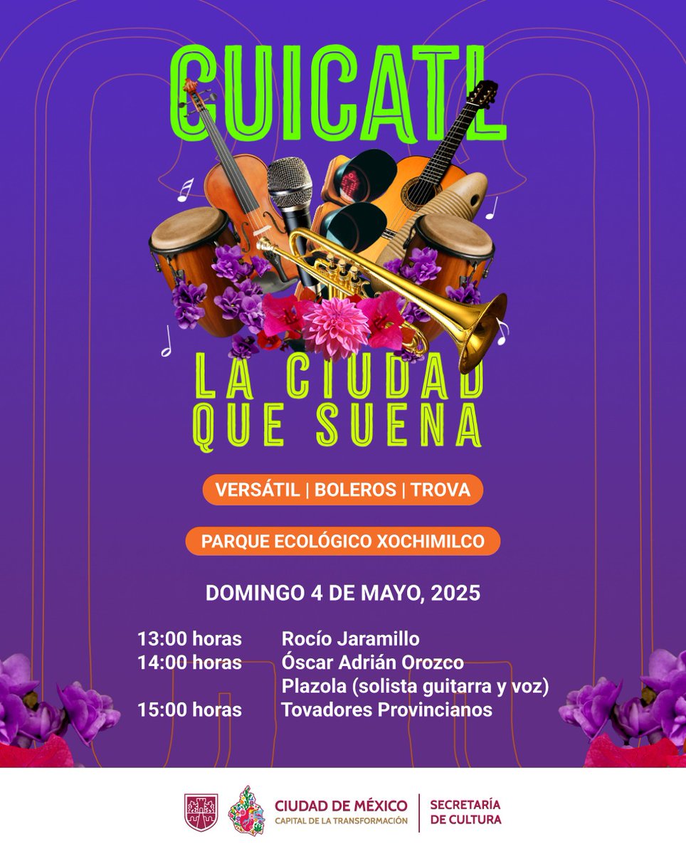 ¡La Ciudad de México suena a historia, diversidad y talento! 
Este domingo 4 de mayo los invito a ser parte de Cuicatl: la ciudad que suena, una jornada musical que llenará distintos puntos de la ciudad con ritmos que celebran nuestra identidad. 
Vayan con la familia, vibremos