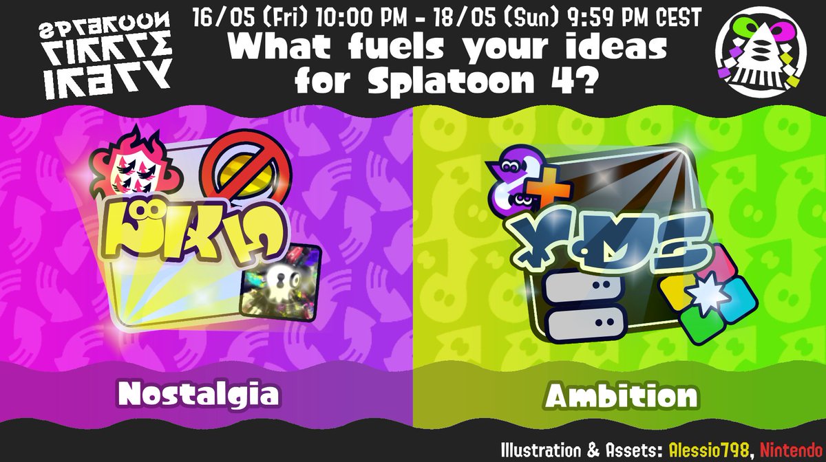 AlessioS798's tweet photo. Splatoon Little Italy is holding their own party for Splatoon's 10 Years!
What fuels your ideas for Splatoon 4?
Nostalgia and the old content left behind or Ambition and all the brand new content it may bring?
Fight for your beliefs in the first Splatfest with bicolor teams! https://t.co/E1QhylkqRH