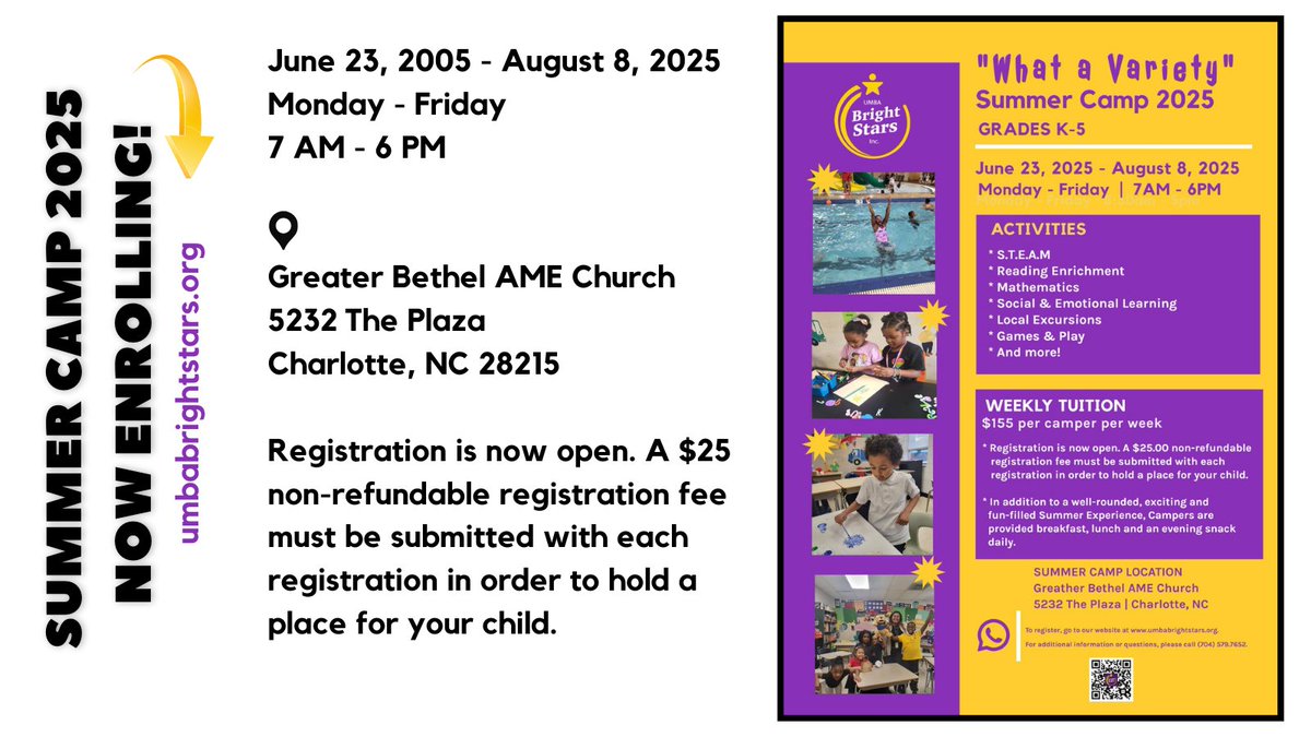 BrightStarsASEP's tweet photo. Now Enrolling for Bright Stars Summer Camp 2025. Limited seats available! First come, first served. Visit our website and secure your child's seat. We will have an exciting Summer Camp!!  #SummerCamp #CharlotteNC  #SummerFun #LearningEveryday #K5 #LetTheFunBegin #Workingfamilies https://t.co/XySvB7SQxJ