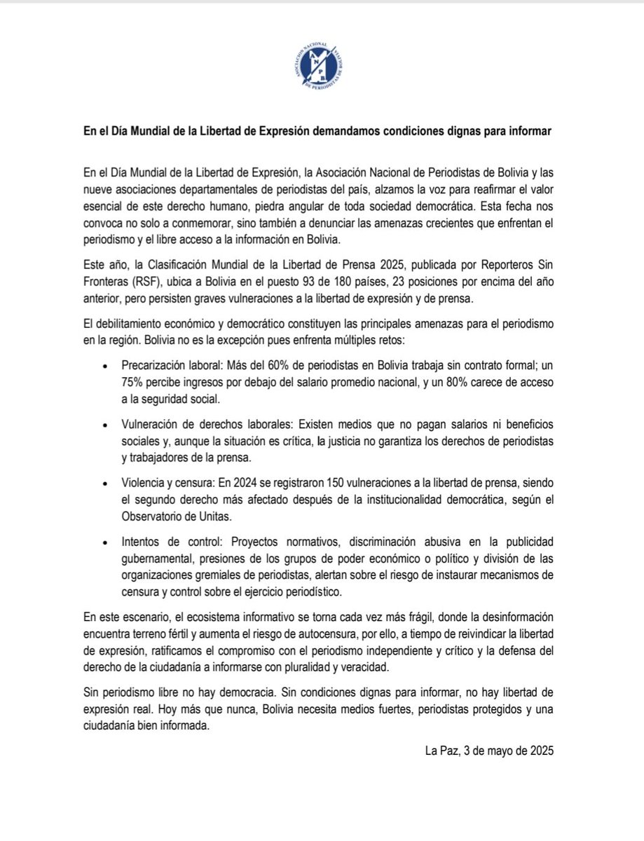 📢 En el Día Mundial de la Libertad de Expresión, demandamos condiciones dignas para informar. La ANP y las asociaciones departamentales alzan la voz para rechazar las amenazas al periodismo en #Bolivia. La precarización laboral, violencia y censura siguen siendo graves retos.