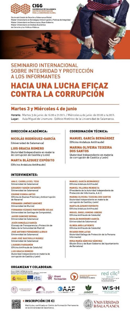 ciggUSAL's tweet photo. 📣 organizamos, con la Autoridad Independiente en materia de corrupción de Castilla y León y la Oficina andaluza contra el fraude y la corrupción el SEMINARIO INTERNACIONAL SOBRE INTEGRIDAD Y PROTECCIÓN A LOS INFORMANTES
🗓️3️⃣y4️⃣/6️⃣
🚩E. Histórico @usal 
ℹ️https://t.co/iwGcCMUfsQ https://t.co/vxnD8ZvQvM
