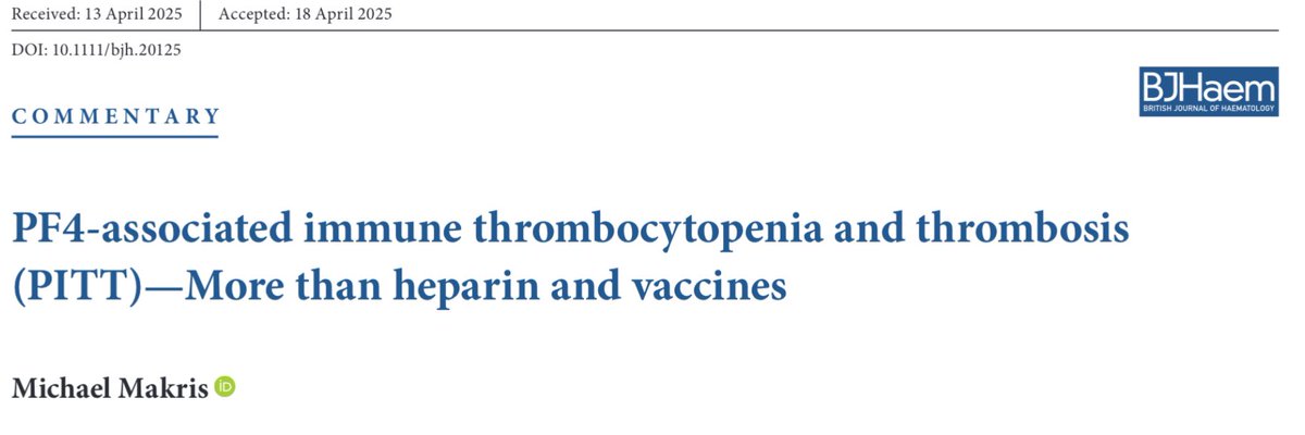 Pip Nicolson (@pipnicolson) on Twitter photo Thank you <a href="/ProfMakris/">Michael Makris</a> for your clear and concise commentary on our #PITT case in <a href="/BrJHaem/">British Journal of Haematology</a>.
Take home message: test anyone with the combination of thrombosis and thrombocytopenia for anti-PF4 antibodies (by ELISA) and have a low threshold for starting non-heparin anticoagulation Thank you <a href="/ProfMakris/">Michael Makris</a> for your clear and concise commentary on our #PITT case in <a href="/BrJHaem/">British Journal of Haematology</a>.
Take home message: test anyone with the combination of thrombosis and thrombocytopenia for anti-PF4 antibodies (by ELISA) and have a low threshold for starting non-heparin anticoagulation