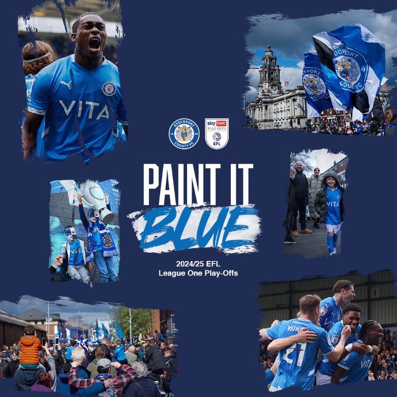 StockportCounty's tweet photo. Play-off dates: confirmed 💪

A public service announcement for all Stopfordians to get behind the lads by turning the town blue 📣

One Town. One Team. Let’s Paint It Blue 💙

See how you can get involved ⤵️

#PaintItBlue 💙