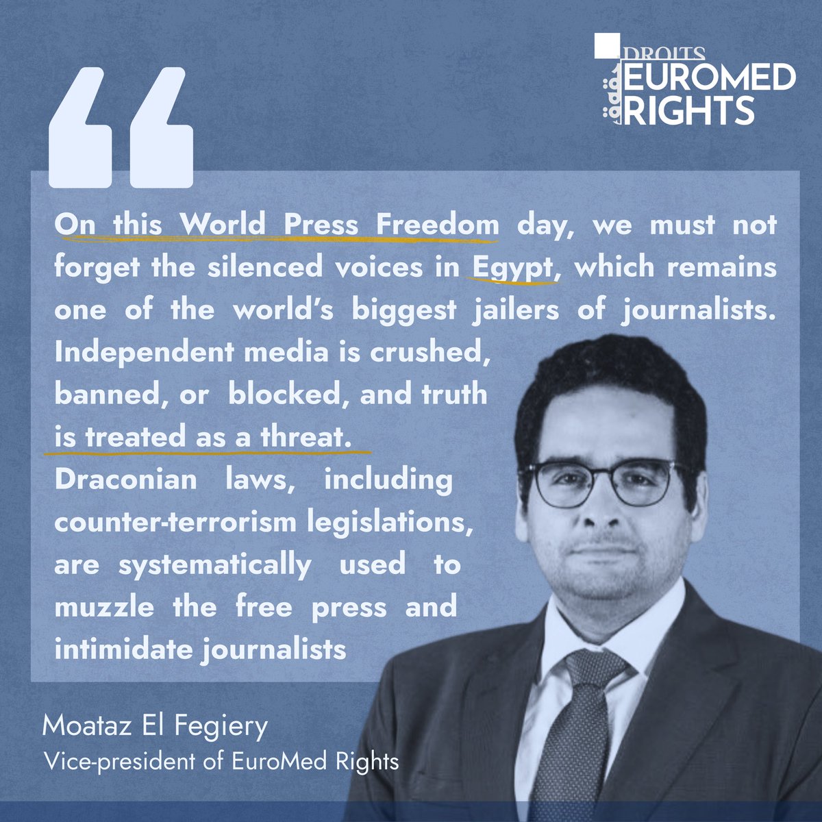 EuroMedRights's tweet photo. Across the Euro-Mediterranean, press freedom is under threat. On #WorldPressFreedomDay, we stand with journalists and media workers who continue to inform despite censorship, repression, and imprisonment. https://t.co/7f7OkQROZU