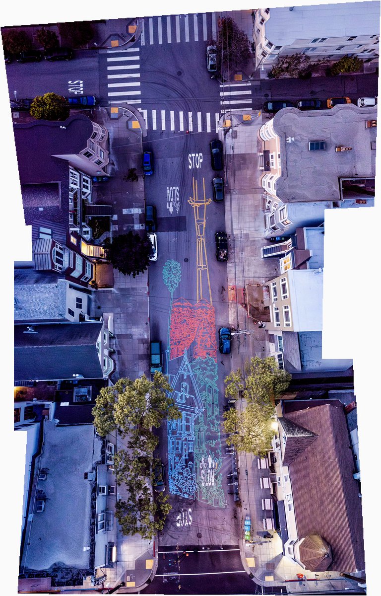Drone shot of the repainted Slow Sanchez street mural! Thanks again to the volunteers who helped me paint and Fish Eye Mike who came by as the sun was setting to capture this view from above!