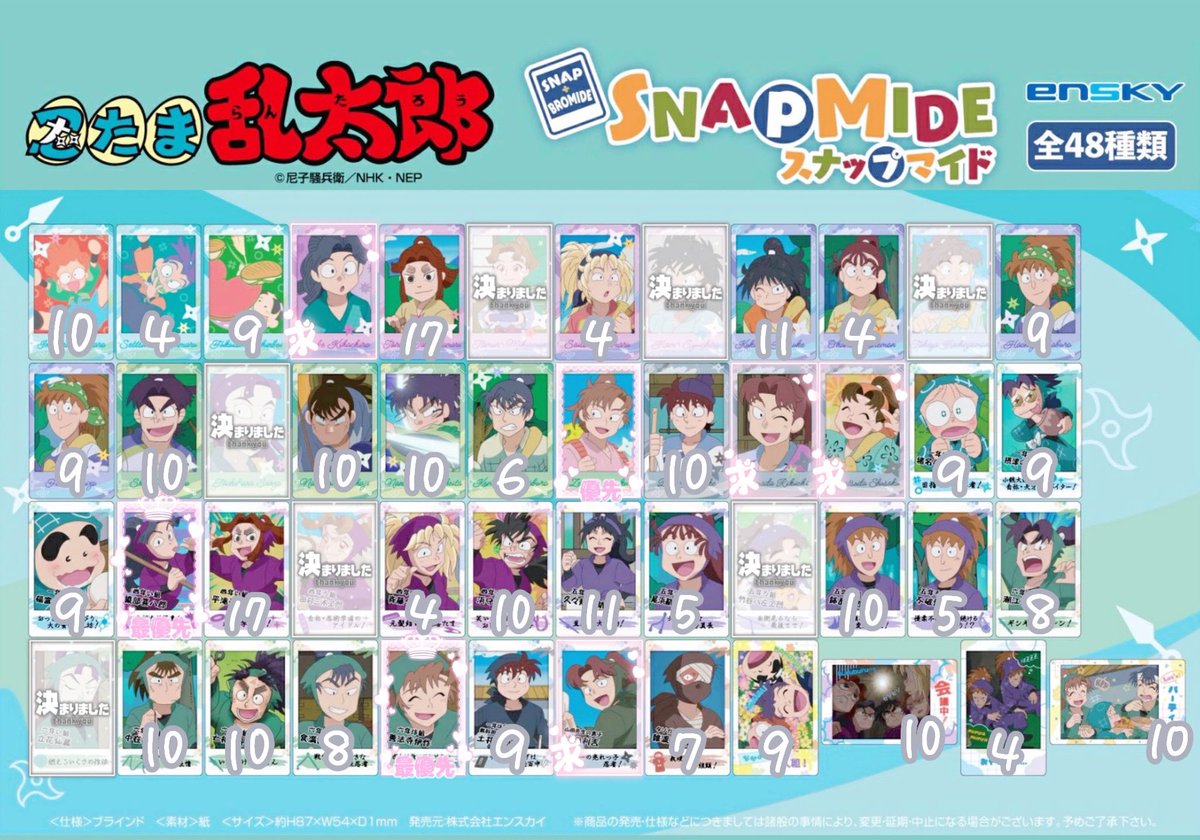 【交換.譲渡】 忍たま乱太郎 スナップマイド スナマイ

譲￤ 画像（一部再交換分含む）

求￤ 善法寺.綾部.小松田&gt;&gt;定価＋送料.利吉

✧ 10BOX予約済み
✧ 郵送or福岡天神博多手渡し
✧ 纏めてや条件の良い方優先（再交換等気にしません）
✧ 一部善法寺.綾部含む方優先（忍服＞私服）
✧ 譲渡→ ALT
.