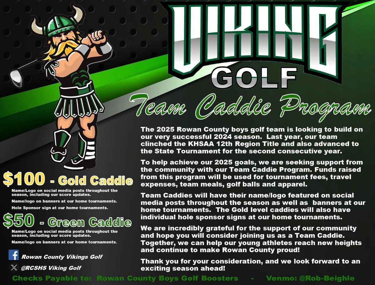 Want to support the 2025 Boys Viking Golf program? Become a team caddie this season! We have two levels of sponsorship this year and would greatly appreciate your donation. Thank you!!