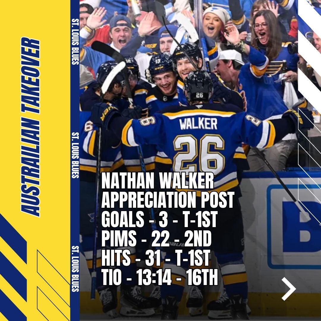 Aussie Takeover in St. Louis!
Nathan Walker is making waves this series — tied for the lead in Goals and Hits. What a performance! 🔥🏒 #stlblues