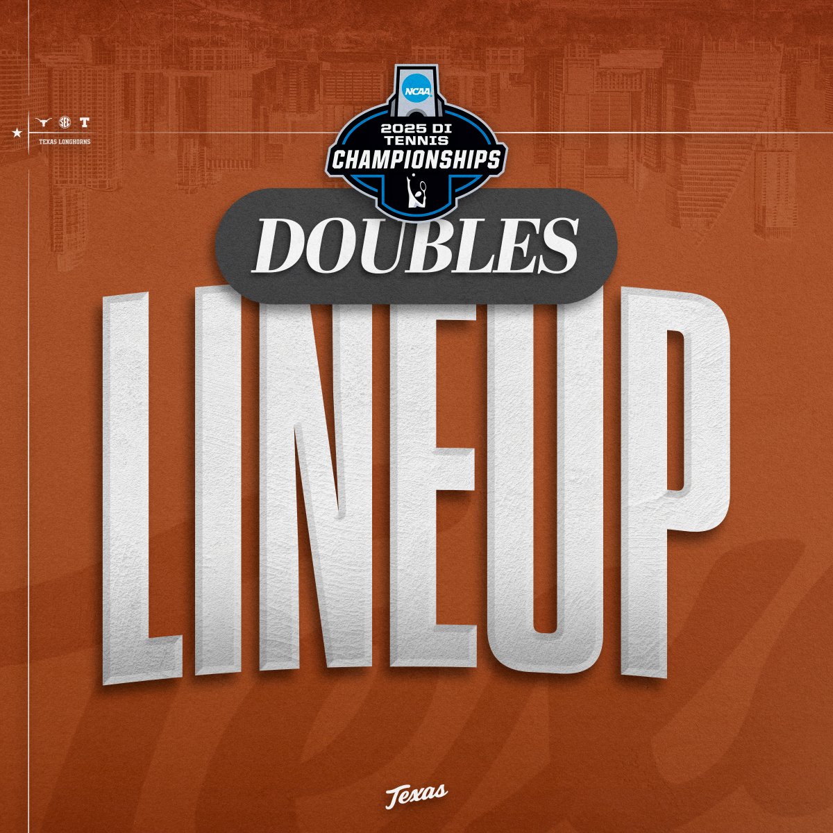 Doubles 🆚 TCU!

1️⃣ #10 Legout/Brown (TEX) 🆚 #2 Vives/Maxted (TCU)
2️⃣ #66 Gorzny/Braswell (TEX) 🆚 #32 Pinnington/Woestendick (TCU) 
3️⃣ #81 Bailly/Eriksson (TEX) 🆚 Chan/Pedrico (TCU)

#HookEm 🤘🎾 | #NCAATennis
