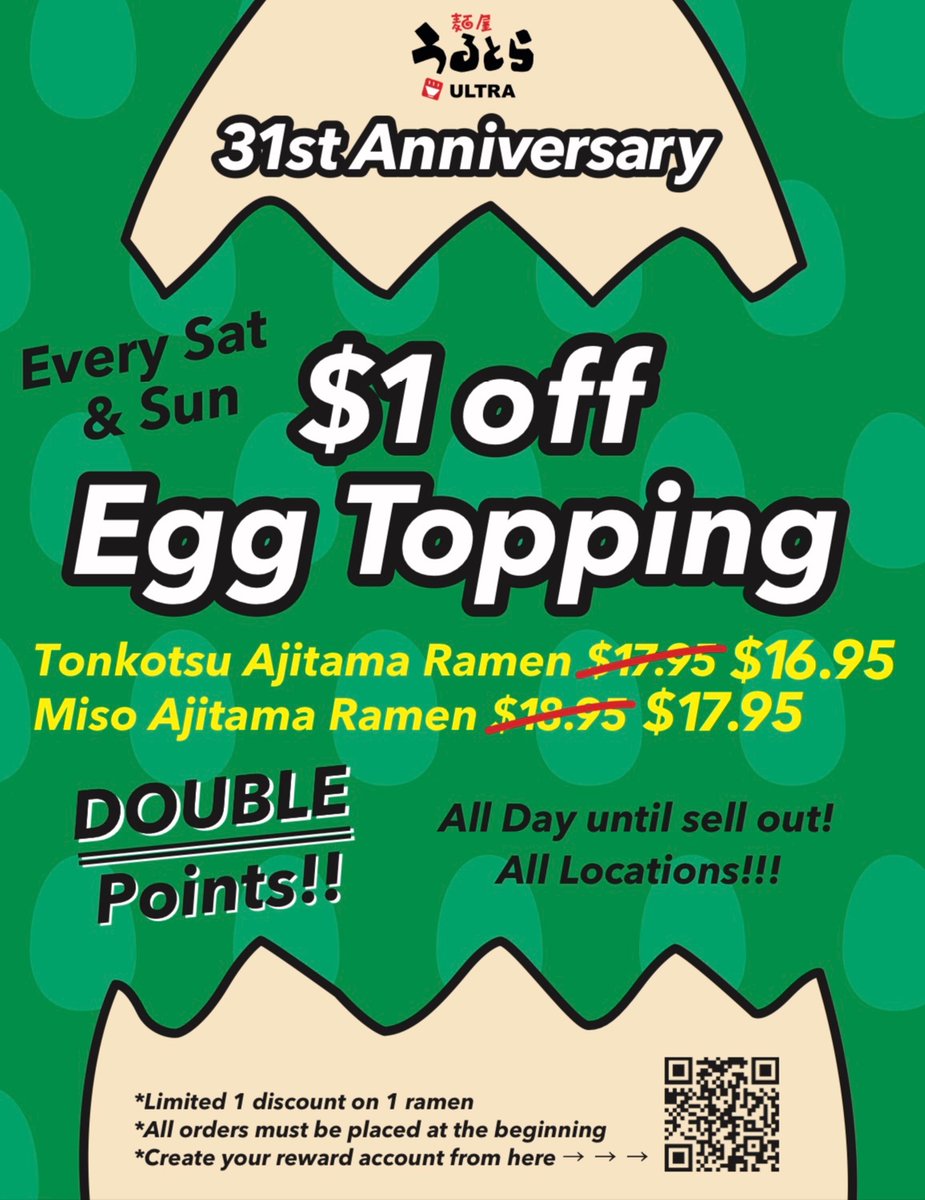 MenyaUltra's tweet image. 🎈31 years special event 🎈$1 off Egg and DOUBLE POINTS on every Sat and Sunday‼️ All locations. All day until sell out! *must order 1 ramen for 1 discount. *all orders must placed at beginning. See you 🍜
🍜order.menya-ultra.com
#sandiego #tonkotsuramen #🍜 #sandiegofood #sd
