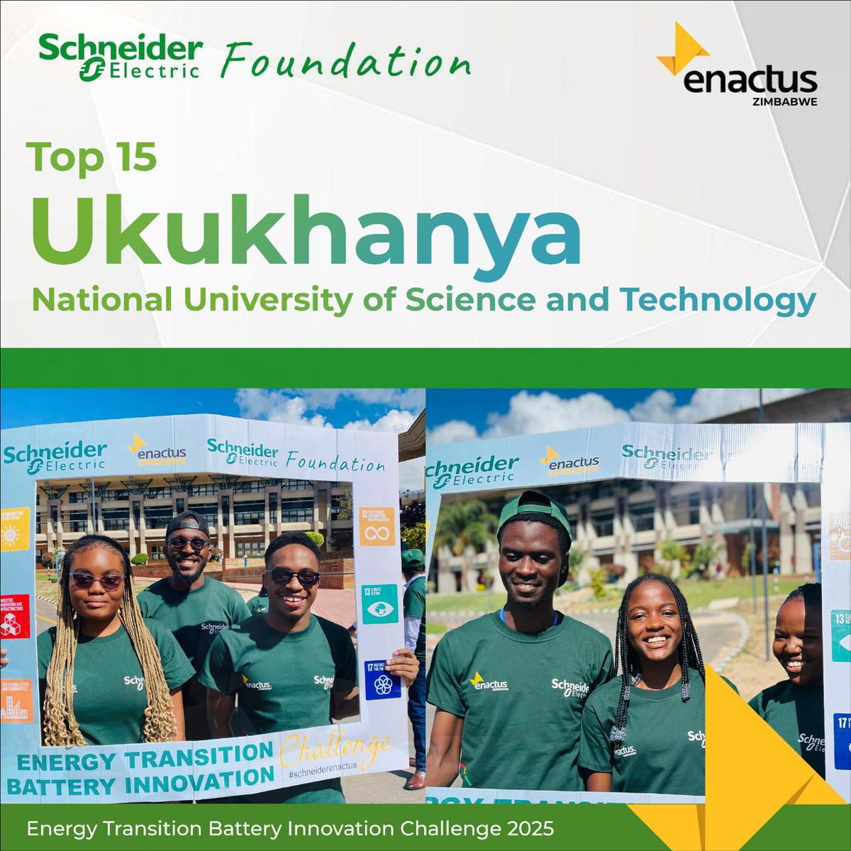 The BOOST Fellowship (@boostfellowship) on Twitter photo Congratulations to team Ukukhanya💡 from <a href="/EnactusNust/">Enactus NUST</a> for making it into the Top 15 of the Schneider Electric Energy Transition Battery Innovation Challenge 2025.
We wish Ukukhanya💡 all the success as they advance the energy transition cause towards a greener and more Congratulations to team Ukukhanya💡 from <a href="/EnactusNust/">Enactus NUST</a> for making it into the Top 15 of the Schneider Electric Energy Transition Battery Innovation Challenge 2025.
We wish Ukukhanya💡 all the success as they advance the energy transition cause towards a greener and more