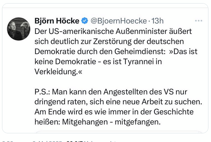 Wer Mitarbeiterinnen und Mitarbeiter des demokratischen Verfassungsschutzes so droht, zeigt, dass er die Demokratie abschaffen will. Exakt für diese Typen haben wir nach den Erfahrungen des 3. Reiches unser Grundgesetz. Wie konnte der eigentlich in Hessen Lehrer werden?