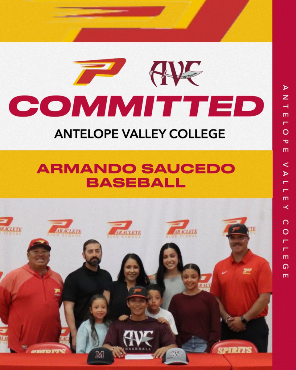 athparaclete's tweet photo. SIGNING SATURDAY!
Congratulations to our Armando Saucedo who has committed to play baseball for Antelope Valley College. Thank you for your hard work - we are proud of you! Let's go, Marauders! #SpiritAsFamily #OnceAspirit #AlwaysASpirit https://t.co/ibSvTrsjK1