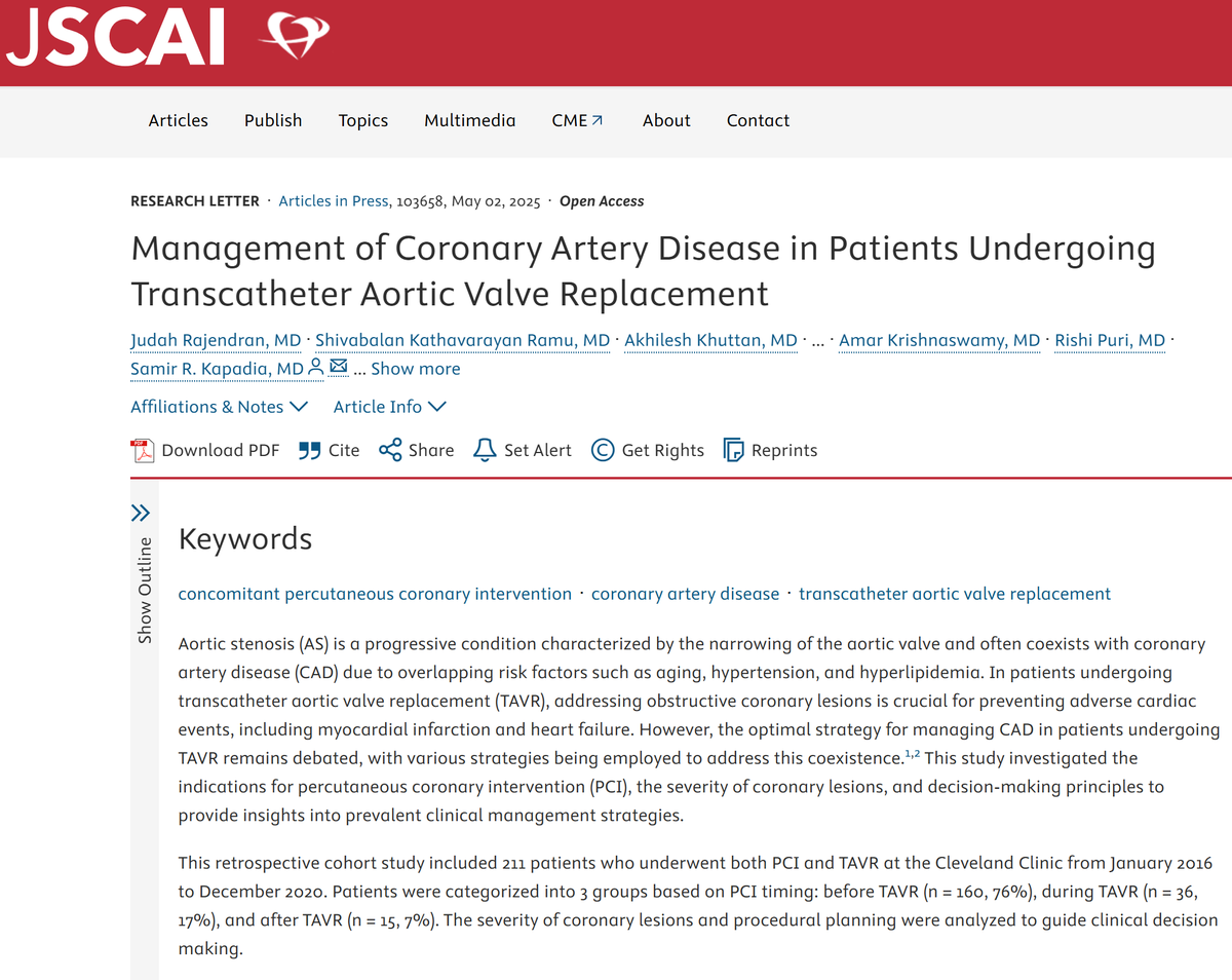 🚨Simultaneous Publication Presented at #SCAI2025: New study from Cleveland Clinic explores optimal #PCI strategies in #TAVR pts, highlighting timing &amp; individualized approaches based on symptoms &amp; lesion severity. Check out the full article in JSCAI! 🫀📖  #CAD

➡️