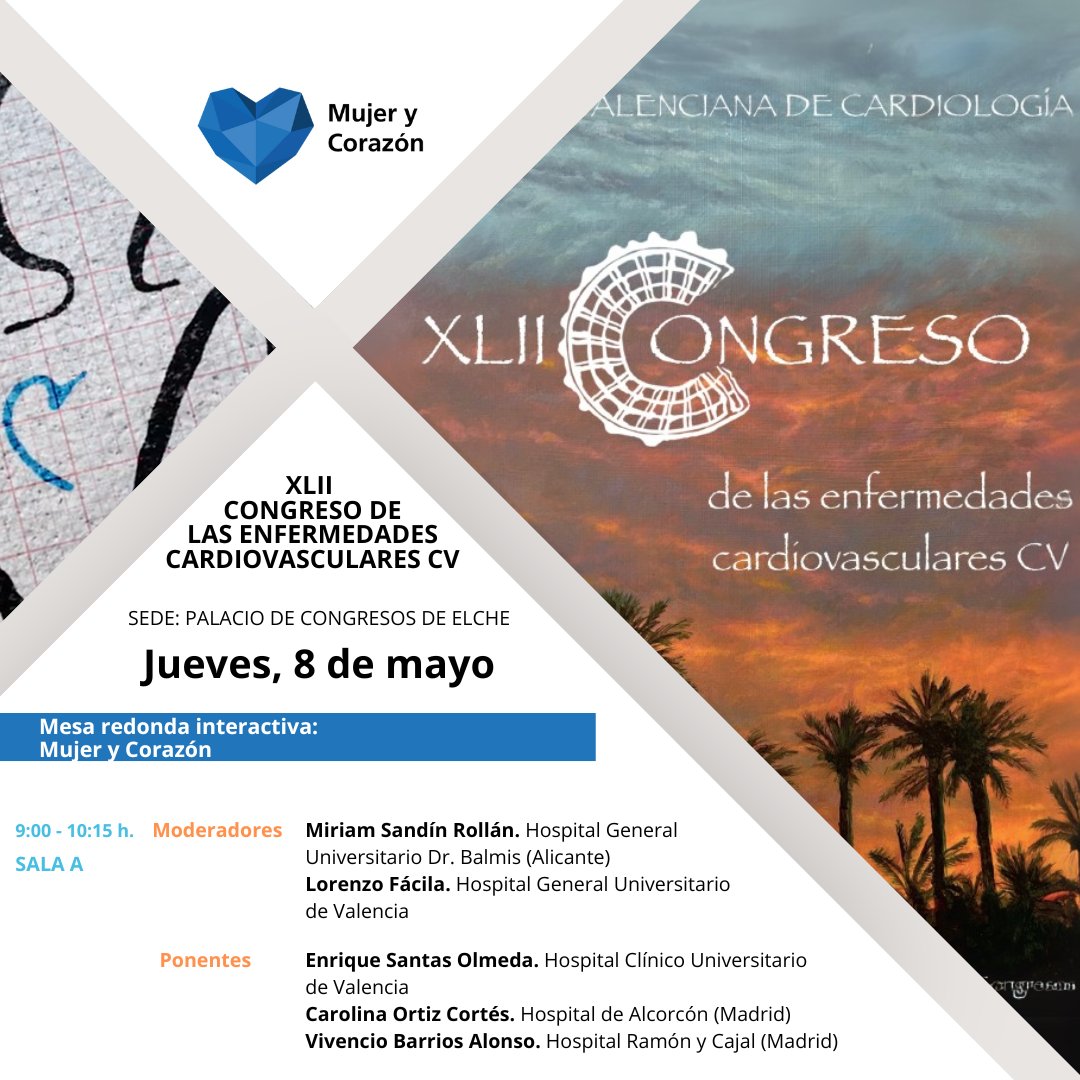 #MujeryCorazón💙 llega al Congreso de Enfermedades Cardiovasculares de la <a href="/SVCardio/">SVCardio</a>

📍 Jueves, 8 de mayo

🎙️ Con Miriam Sandín, Lorenzo Fácila, Enrique Santas, Carolina Ortiz y Vivencio Barrios.

Una conversación imprescindible sobre salud cardiovascular femenina.

🔎 Más
