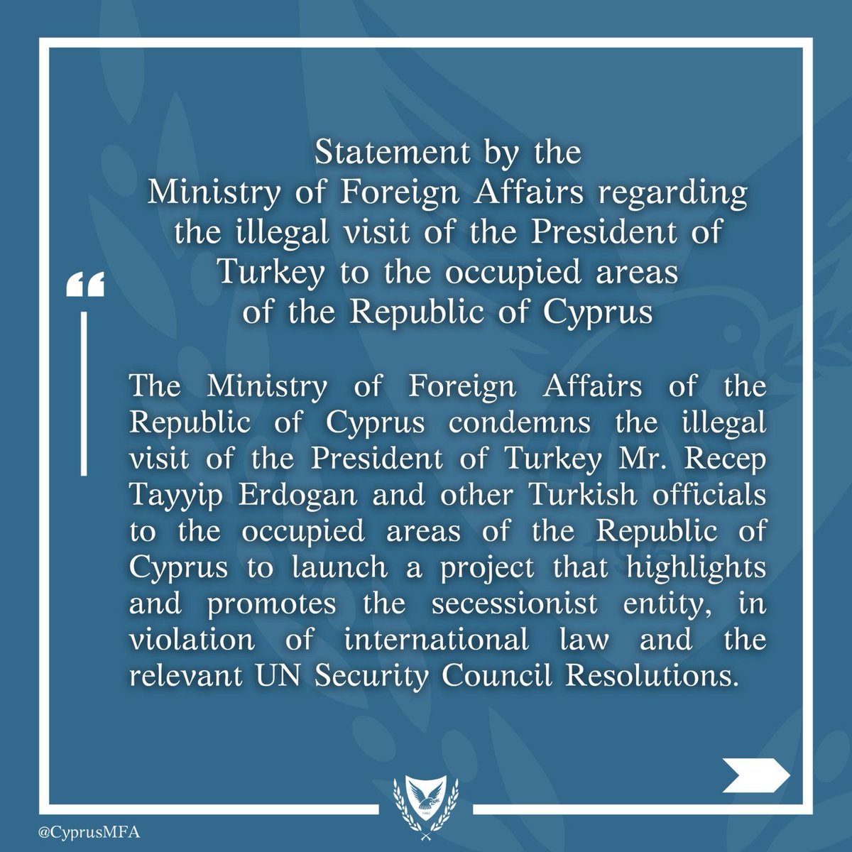 CyprusMFA's tweet image. Statement by the Ministry of Foreign Affairs regarding the illegal visit of the President of Turkey to the occupied areas of the Republic of Cyprus.

🔗tinyurl.com/42kcuub5