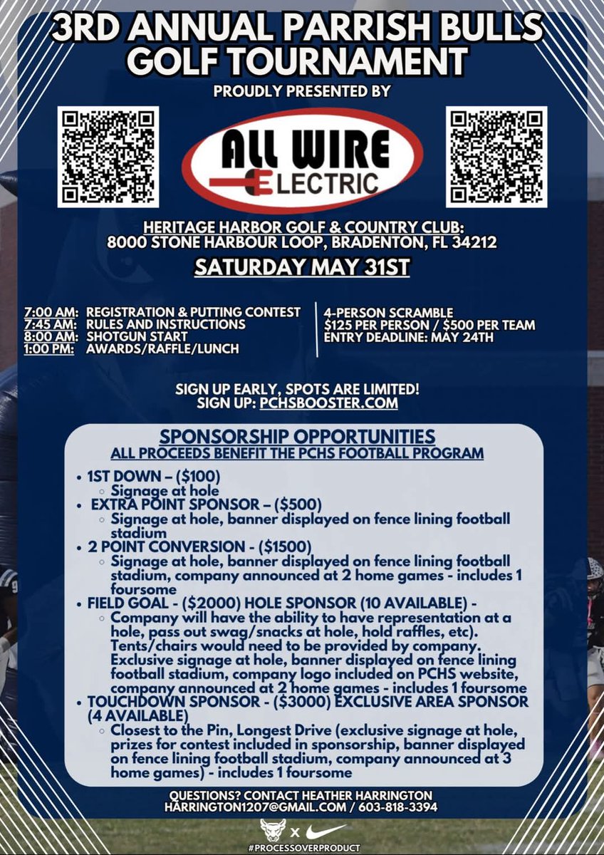 Parrish Community High School Bulls FB (@pchsbullsfb) on Twitter photo <a href="/PCHSBULLSFB/">Parrish Community High School Bulls FB</a> is hosting its 3rd annual Golf Tournament sponsored by All Wire Electric on 05/31/25 at the Heritage Harbor Golf & Country Club. Proceeds go to the program to support the players for the 2025 year.
10 4 somes remain. Register or donate⬇️⬇️
pchsbooster.com/event-info/3rd… <a href="/PCHSBULLSFB/">Parrish Community High School Bulls FB</a> is hosting its 3rd annual Golf Tournament sponsored by All Wire Electric on 05/31/25 at the Heritage Harbor Golf & Country Club. Proceeds go to the program to support the players for the 2025 year.
10 4 somes remain. Register or donate⬇️⬇️
pchsbooster.com/event-info/3rd…