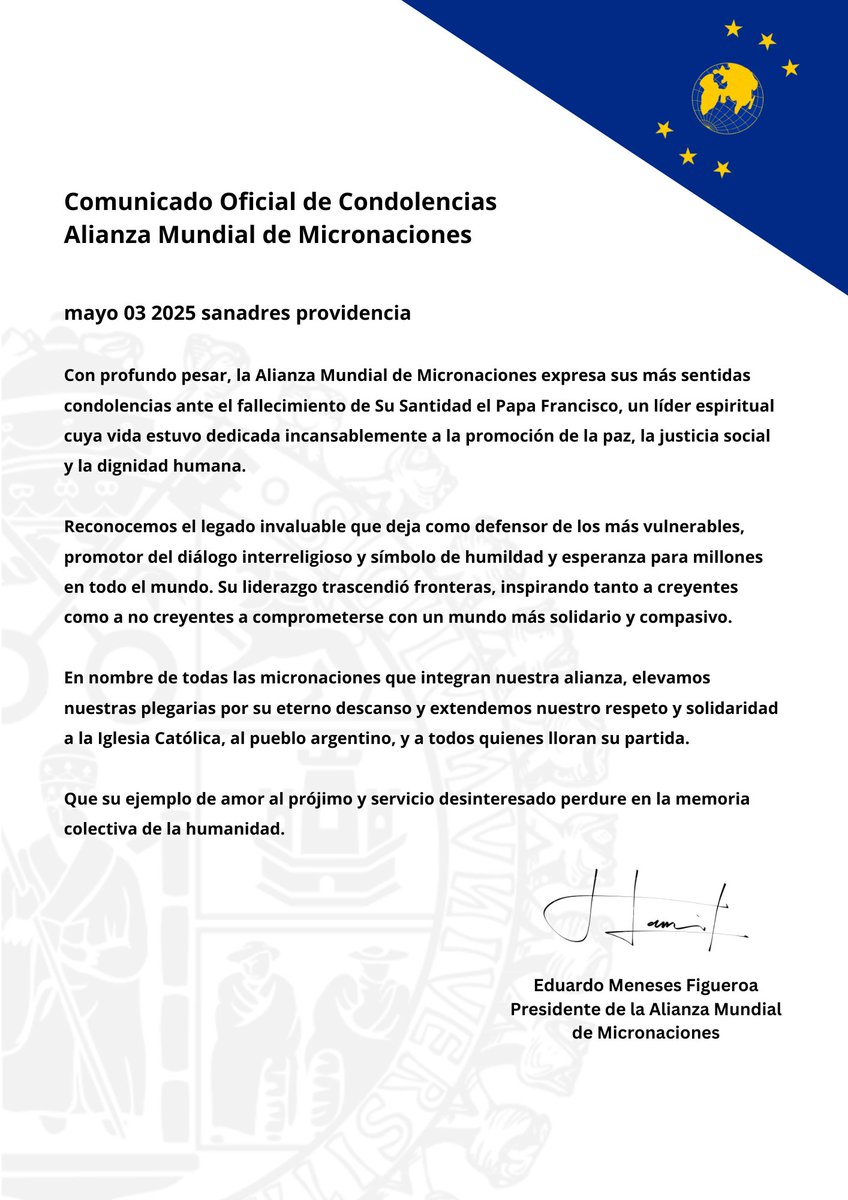 Comunicado Oficial de Condolencias
Alianza Mundial de Micronaciones