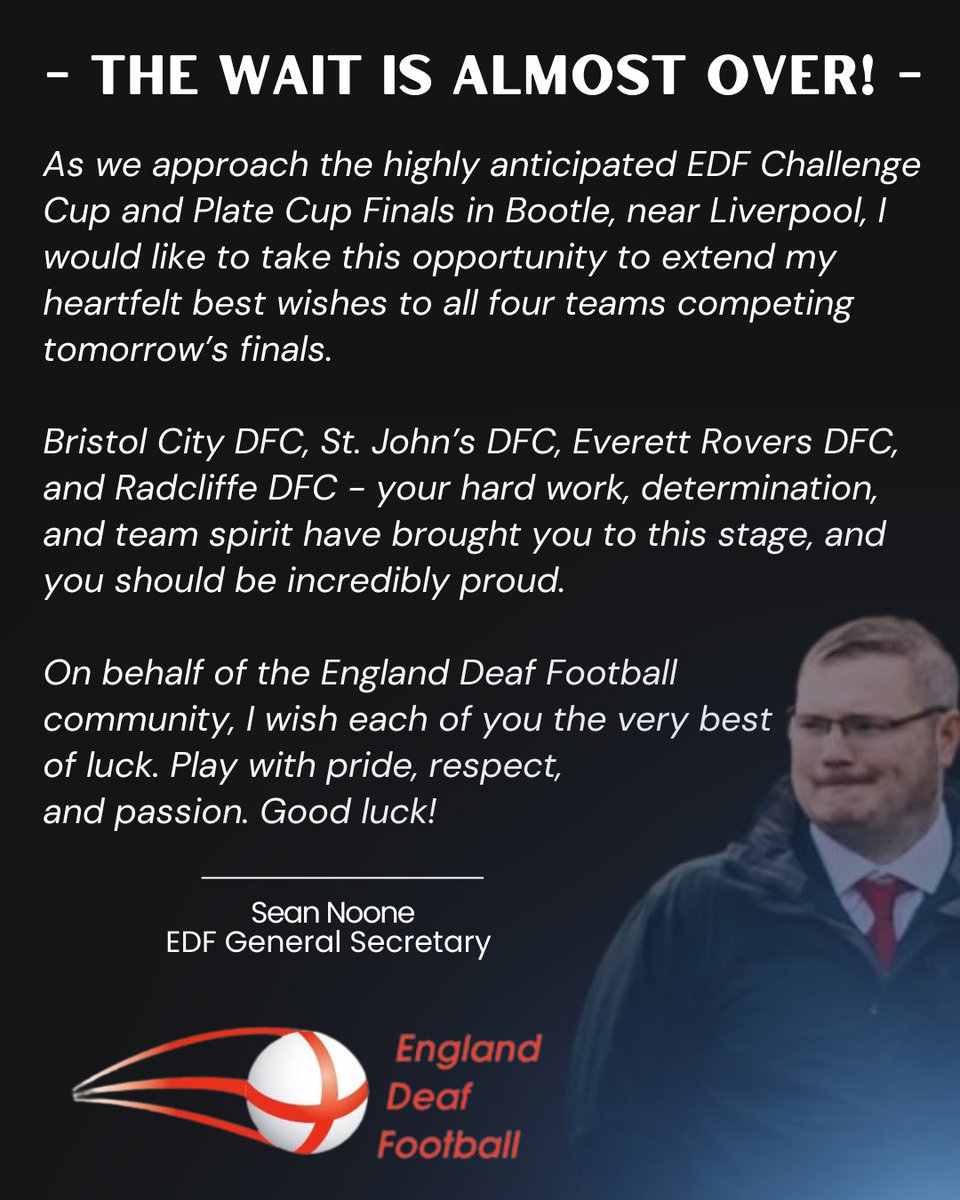 Here’s a message from our General Secretary of the EDF, extending best wishes to all four teams ahead of tomorrow’s finals. 

#EDFChallengeCup #EDFPlateCup #EDFFinals