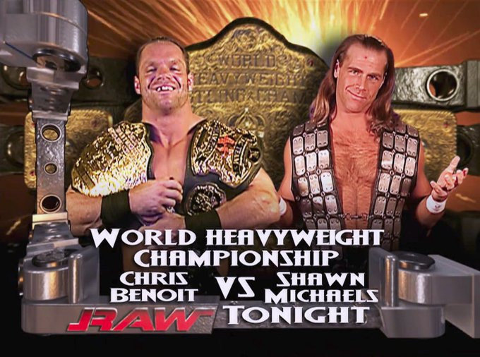 wrestle_hist's tweet photo. 5/3/2004
Chris Benoit defeated Shawn Michaels to retain the World Heavyweight Championship on RAW from the America West Arena in Phoenix, Arizona.
#WWE #WWERaw #ChrisBenoit #TheRabidWolverine #ShawnMichaels #HBK #TheShowStopper #MrWrestleMania #WorldHeavyweightChampionship https://t.co/xxfpXkGlbk