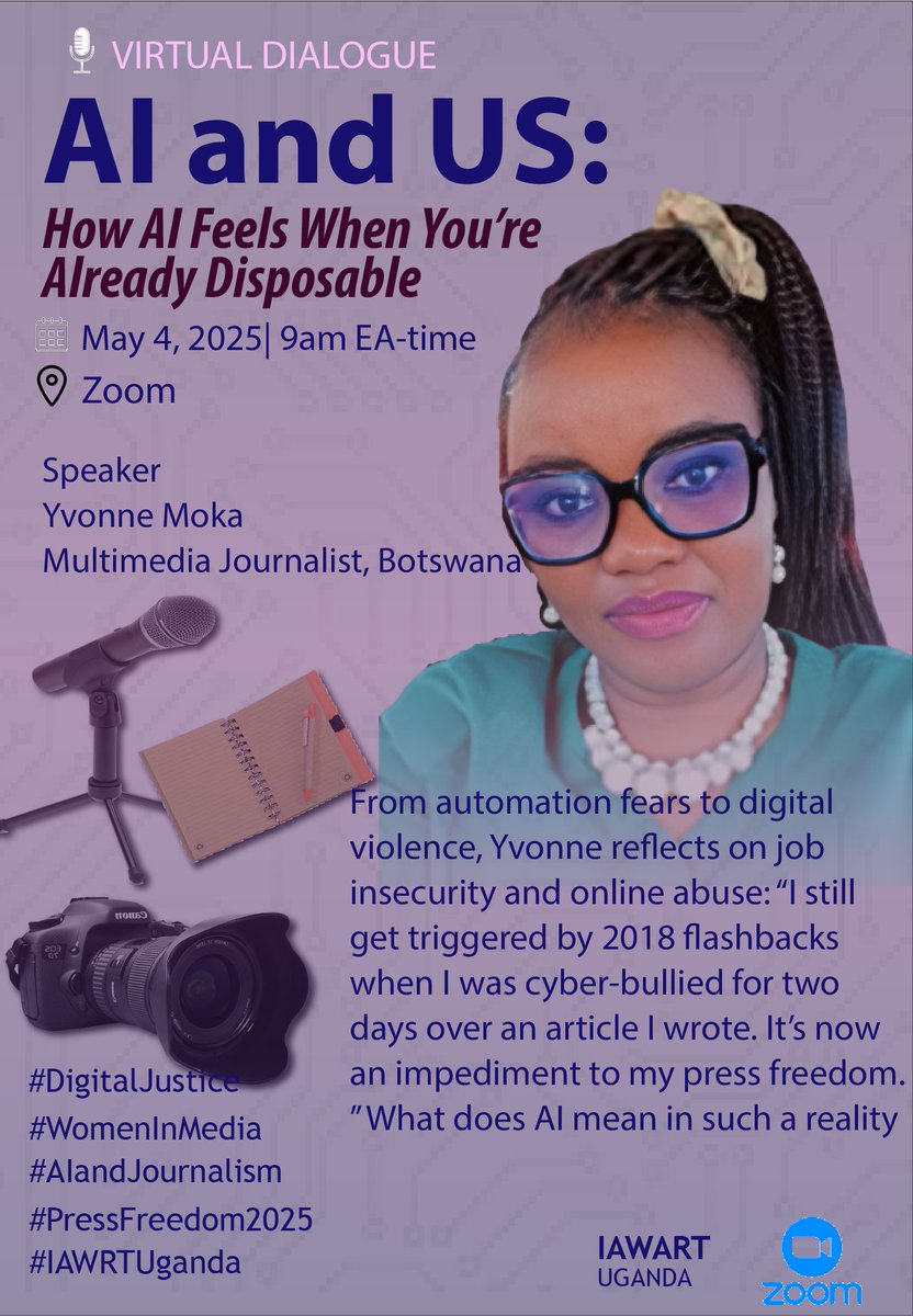 IAWRTuganda (@iawrt_ug) on Twitter photo This is Yvonne Moka from Botswana. She believes that female journalists need more vigilance in the era of AI
Join the conversation this Sunday, May 4, at 9:00am EA time. Through the link
us02web.zoom.us/j/82244489911?…
#WorldPressFreedomDay2025
<a href="/WorldPressFree/">WorldPressFreedomDay</a> This is Yvonne Moka from Botswana. She believes that female journalists need more vigilance in the era of AI
Join the conversation this Sunday, May 4, at 9:00am EA time. Through the link
us02web.zoom.us/j/82244489911?…
#WorldPressFreedomDay2025
<a href="/WorldPressFree/">WorldPressFreedomDay</a>