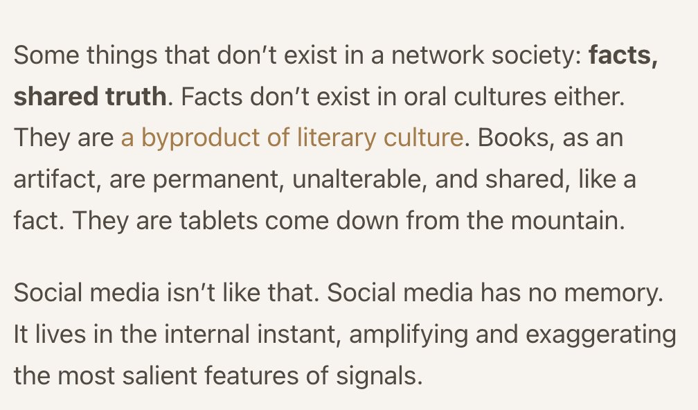 provocative claim by Gordon Brander in "The shape of network society". If true, I wonder what the network equivalent of orienting to truth is