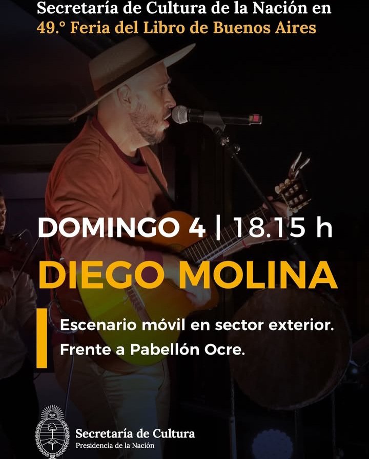 diegomolinatuc's tweet photo. Tengo el honor de tocar hoy y mañana en uno de los eventos más grosos del mundo: la Feria Internacional del Libro de Buenos Aires, gracias a la invitación de la Secretaría de Cultura de la Nación.  Los espero desde las 18hs a los amigos de Buenos Aires y a los que estén por allí! https://t.co/vGZ3izablI