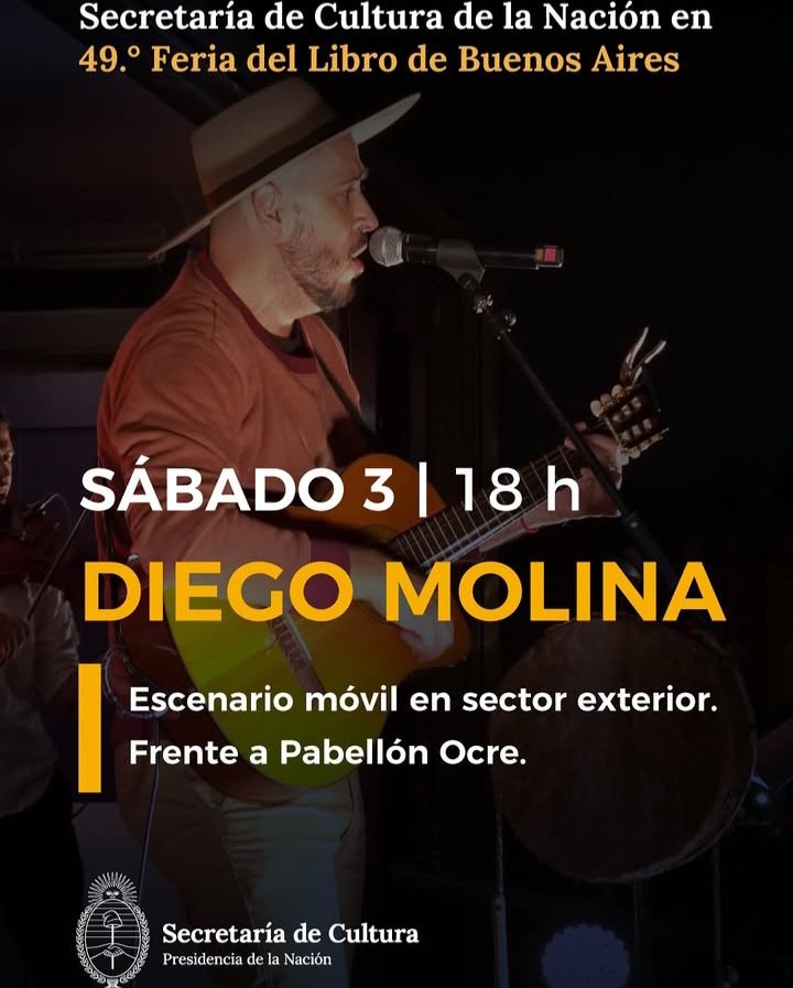 diegomolinatuc's tweet photo. Tengo el honor de tocar hoy y mañana en uno de los eventos más grosos del mundo: la Feria Internacional del Libro de Buenos Aires, gracias a la invitación de la Secretaría de Cultura de la Nación.  Los espero desde las 18hs a los amigos de Buenos Aires y a los que estén por allí! https://t.co/vGZ3izablI