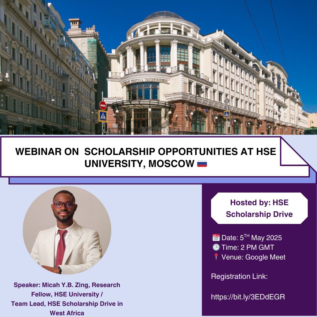 Join us for an informative webinar on scholarship opportunities at HSE University in Moscow!
Don't miss out on this chance to learn more.  

Speaker: Micah Y.B. Zing. 
Venue: Google Meet  

Find the link here (flyer)👇🏻
Register now

#Scholarships #HSEUniversity #StudyInRussia