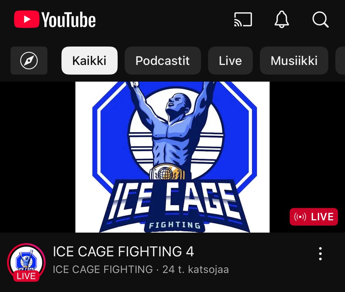 Ice Cage 4, Helsingin Jäähallilta, on kuin UFC:tä katsoisi.

Miettikää: koko halli loppuunmyyty ja pelkästään YouTuben puolella väliajalla n. 24.000 katsojaa.

Tässä tehdään suomalaista vapaaottelutapahtumahistoriaa uusiksi!

Lähetys on maksuton. Kannattaa katsoa