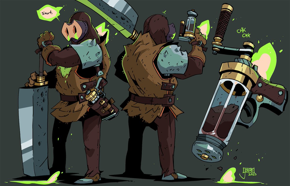 The Snout!
The savagely sneezing sell-sword is here! With an incredible olfactory edge, Snout uses his peppermill-pistol to disorient his foes and coax out apocalyptic achoos! Fond of truffles and rustic mushroom tarts, Snout is always here to sniff out a fight! #characterdesign